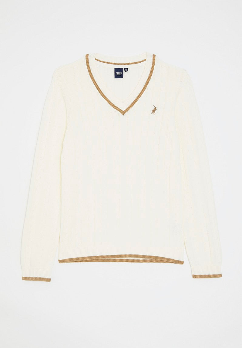 Polo Boys V-Neck Cable Knit Jersey In Off White