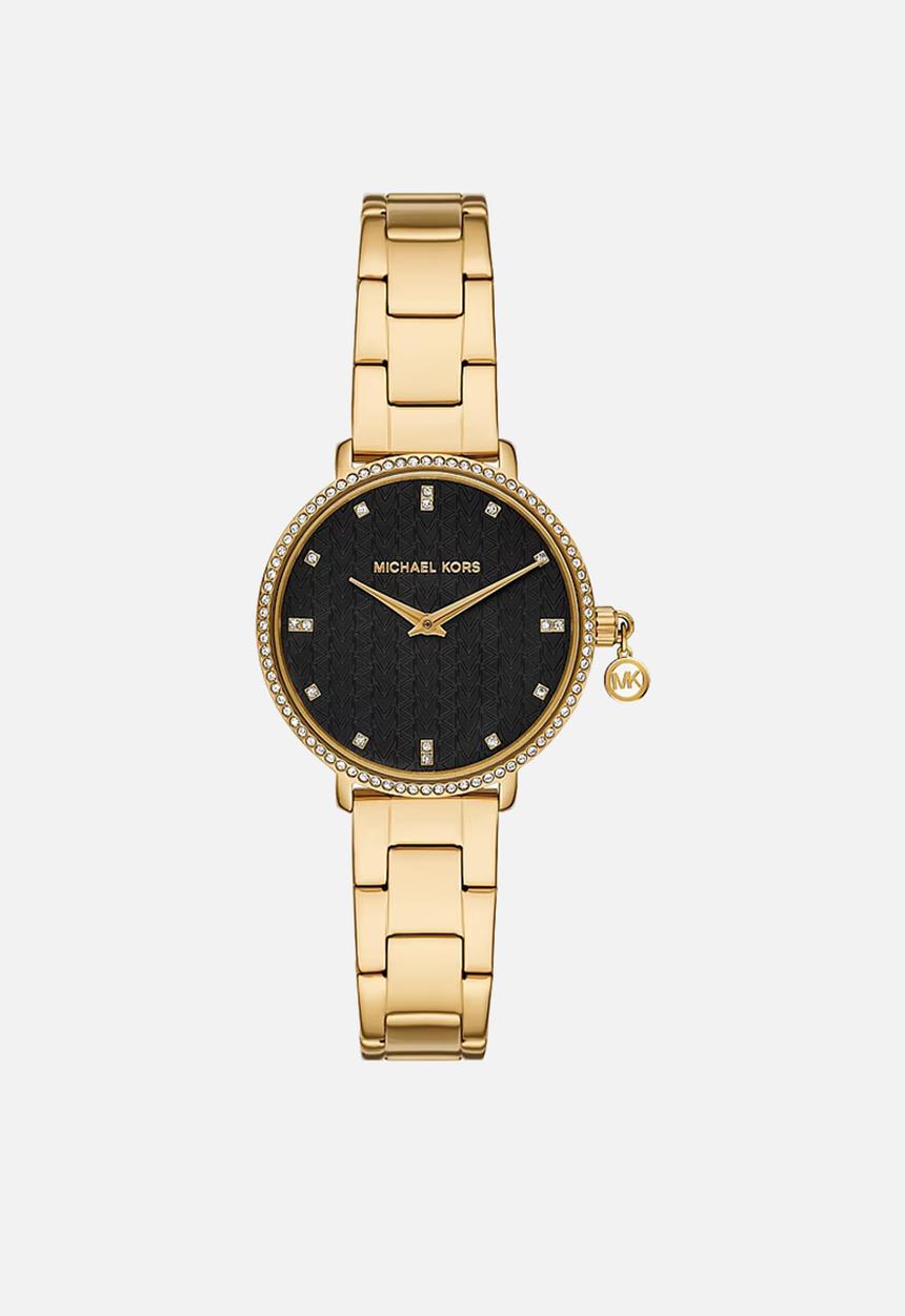 Micheal Kors Womens Pyper 2 Hand Stainless Steel Watch In Gold/Black Dial