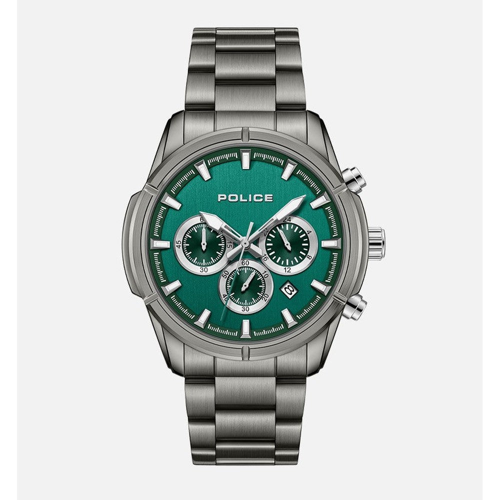 Police Mens Ip Gun Case Stainless Steel Strap Watch In Silver/Green Dial