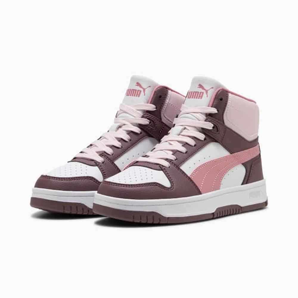 Puma  Girls Rebound Slam Mid Junior Shoes In White & Rosewood