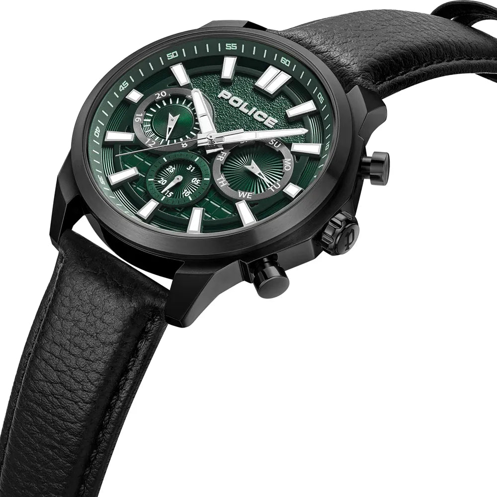 Police Ip Black Green Dial Leather