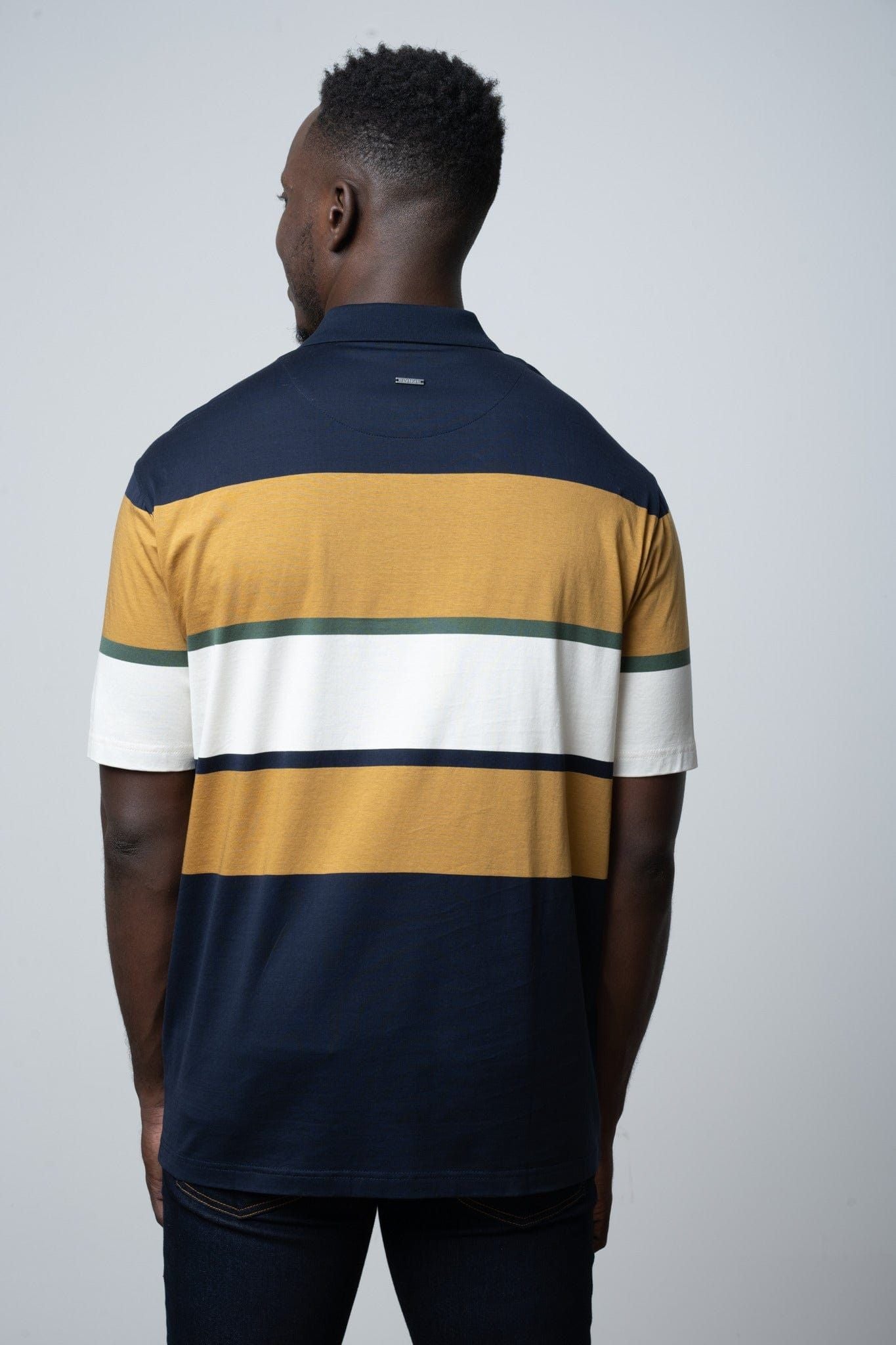 Polo Mens Stripe Golfer In Navy & Mustard
