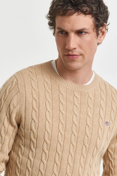 Gant Mens Cotton Cable Crew Neck Sweater Khaki