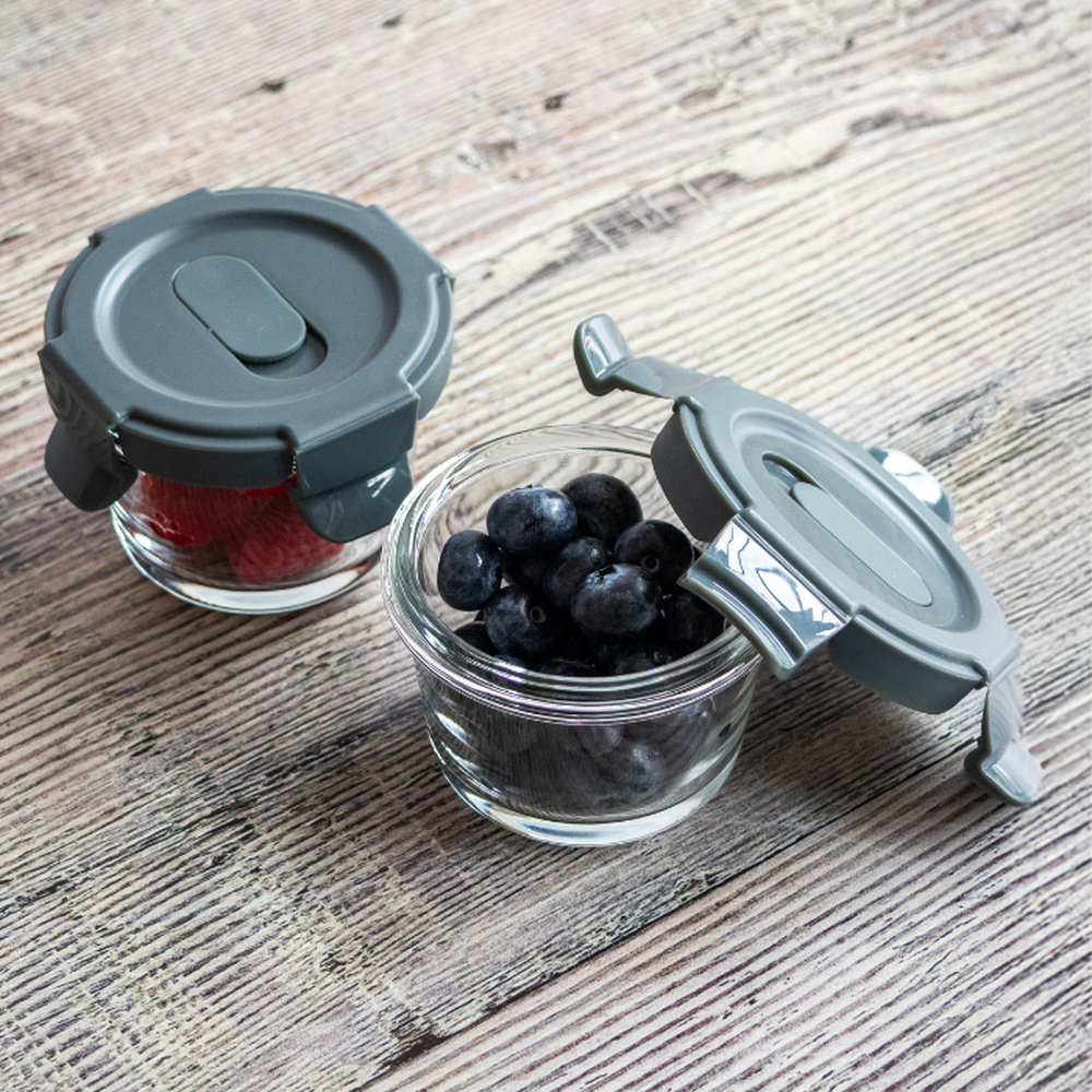 Consol Glass  Madrid Round Baby Food Container Set Of 2 In Clear/Grey Lid