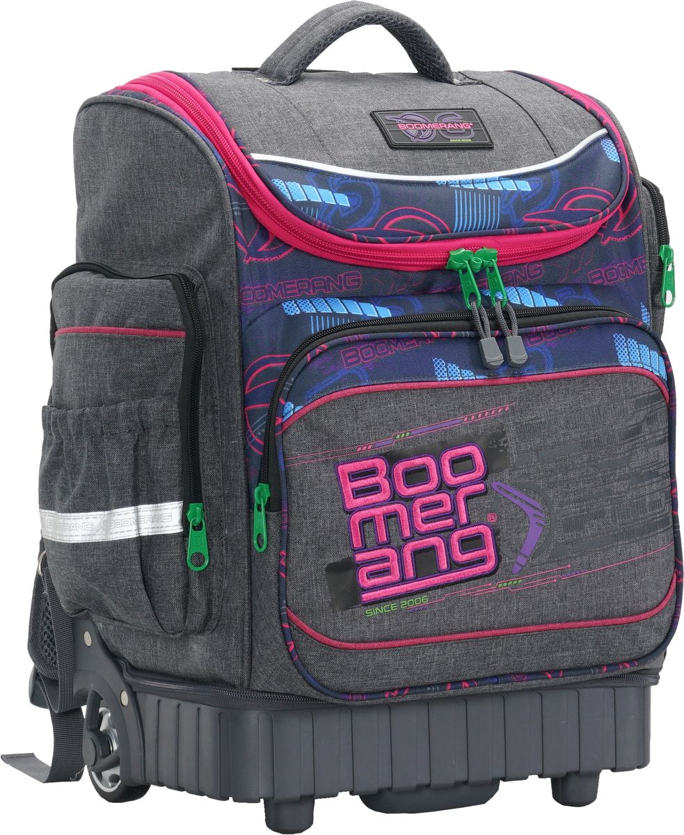 Boomerang S-540 Hard Base Trolley Green Zips B/Pack Grey/Pink