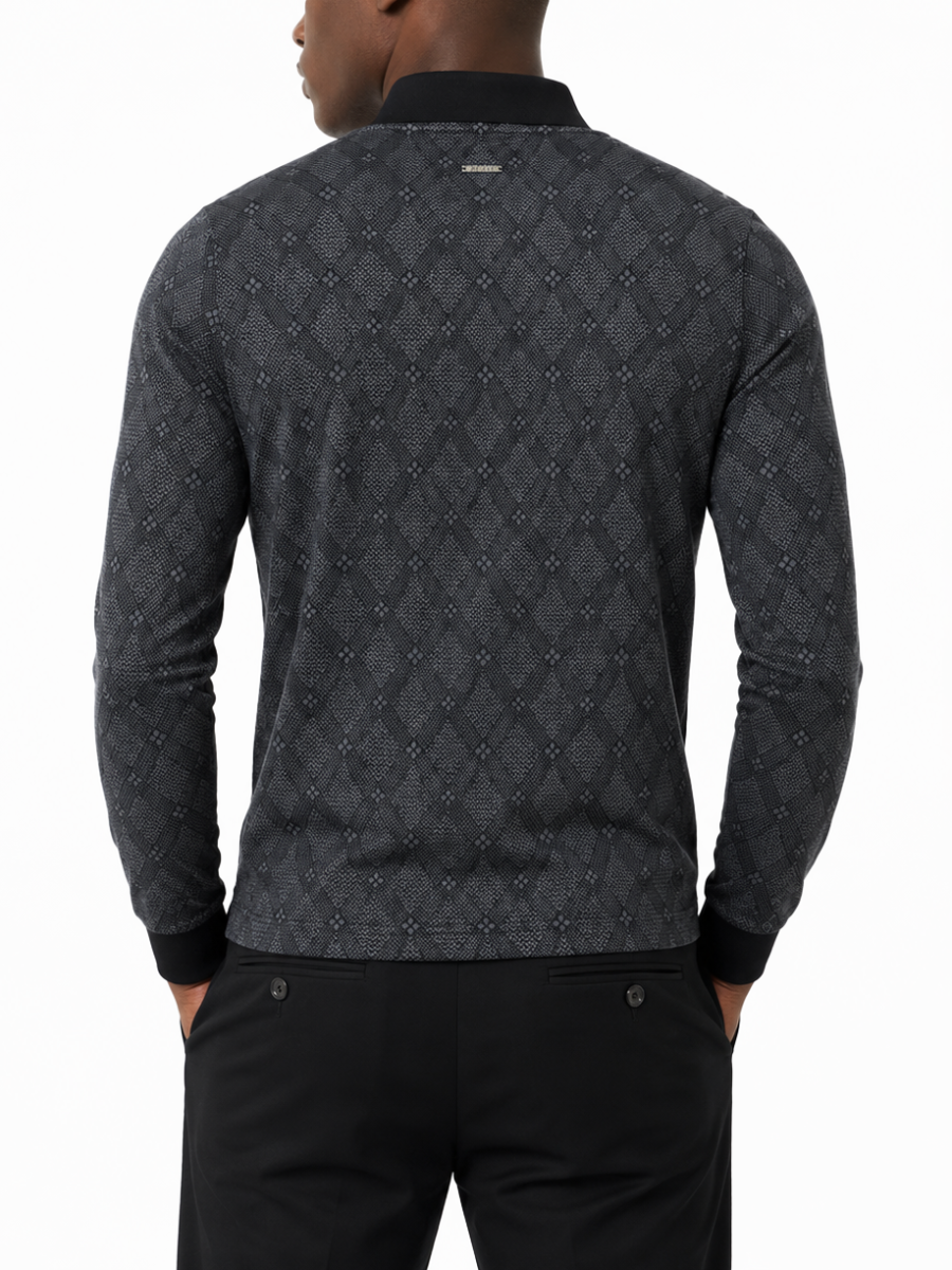 Polo Mens Argyle Jacquard Long Sleeve Mercerised  Golfer In Navy And Black