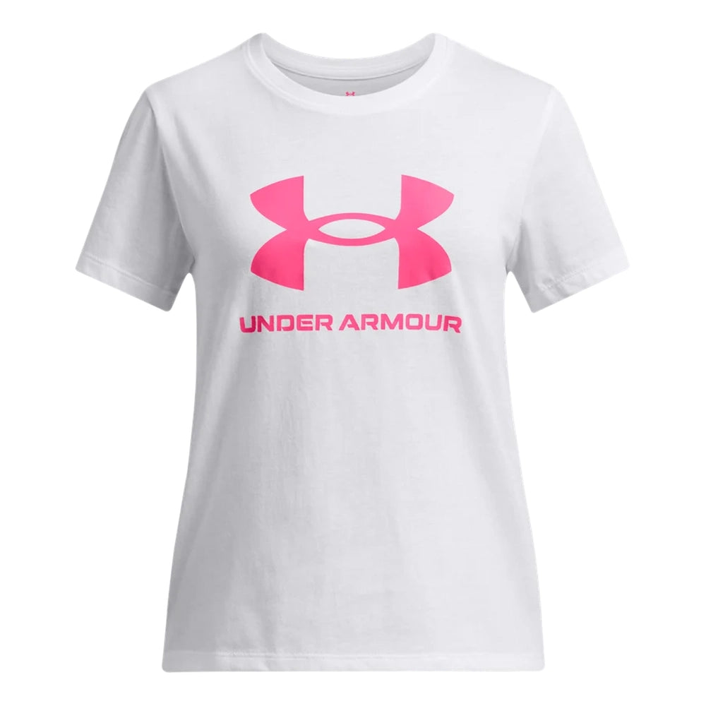 Under Armour Girls Big Logo Short Sleeves T-Shirt In White/Pink