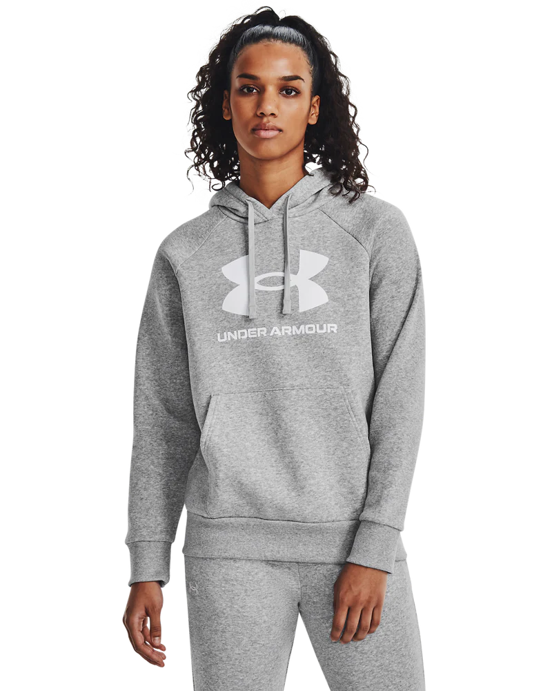 Under Armour Women Rival Fleece Big Logo Hoodie Gray Light Heather/White
