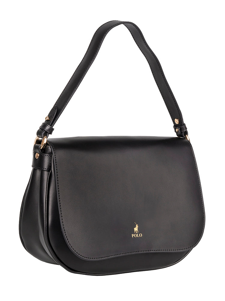 Polo Boxcalf Flapover Shoulder Bag  Black