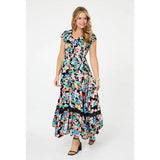 Stella Morgan Floral Lace Trim Cap Sleeve Maxi Dress In Black Multi