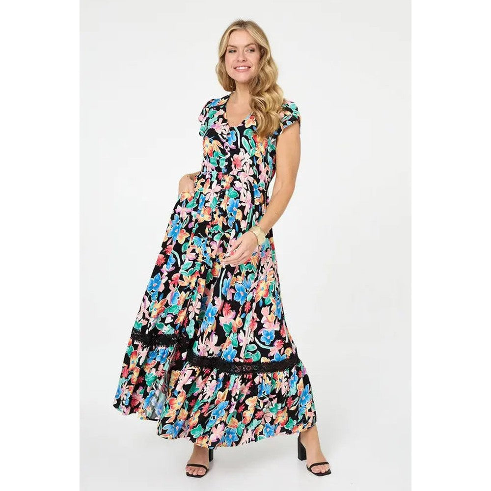 Stella Morgan Floral Lace Trim Cap Sleeve Maxi Dress In Black Multi
