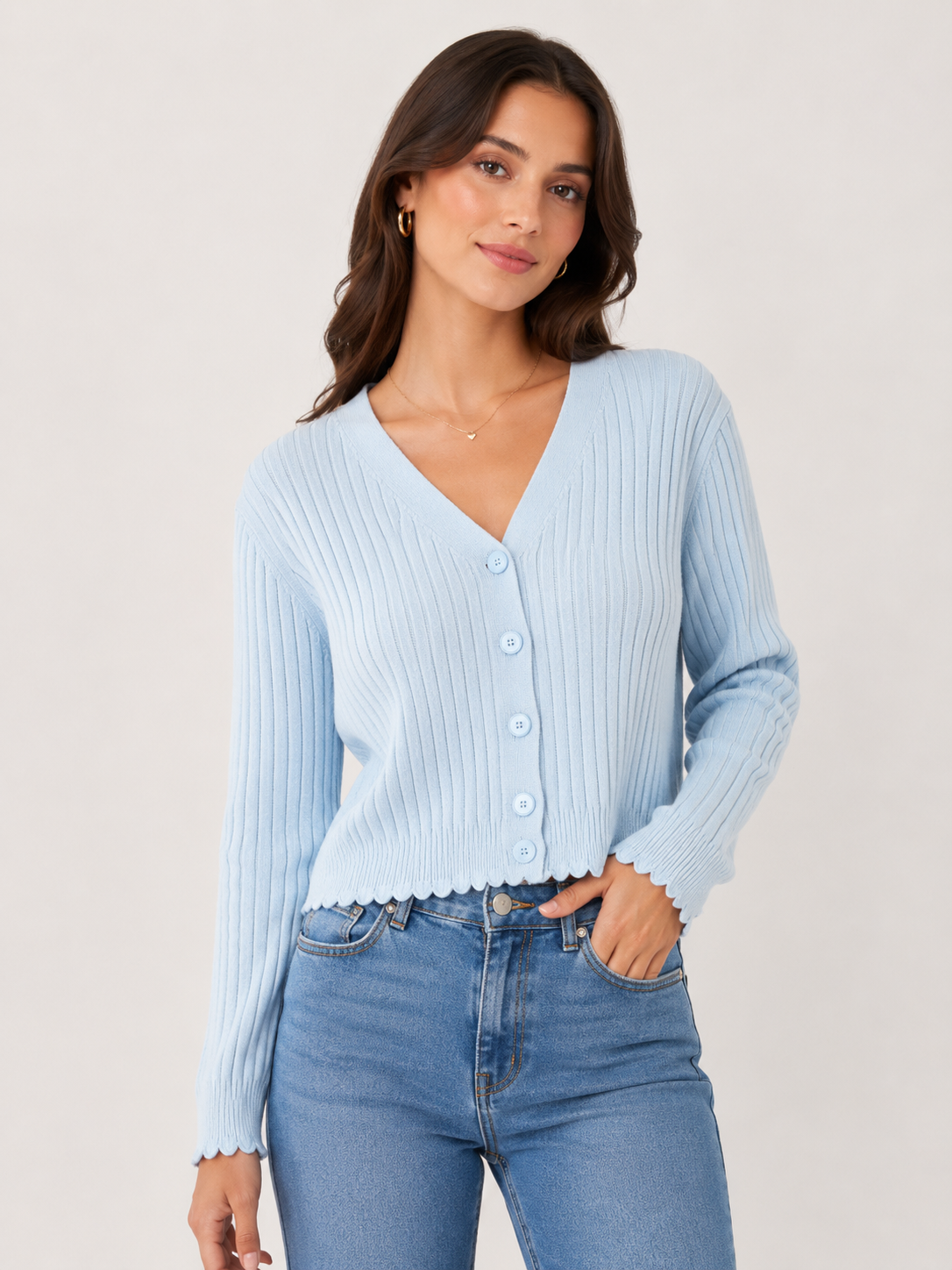 Stella Morgan Long Sleeve Cardigan Round Neck Cropped In Pale Blue
