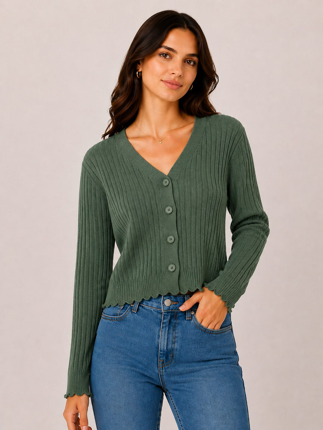 Stella Morgan Long Sleeve Cardigan Round Neck Cropped In Green