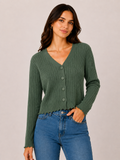 Stella Morgan Long Sleeve Cardigan Round Neck Cropped In Green