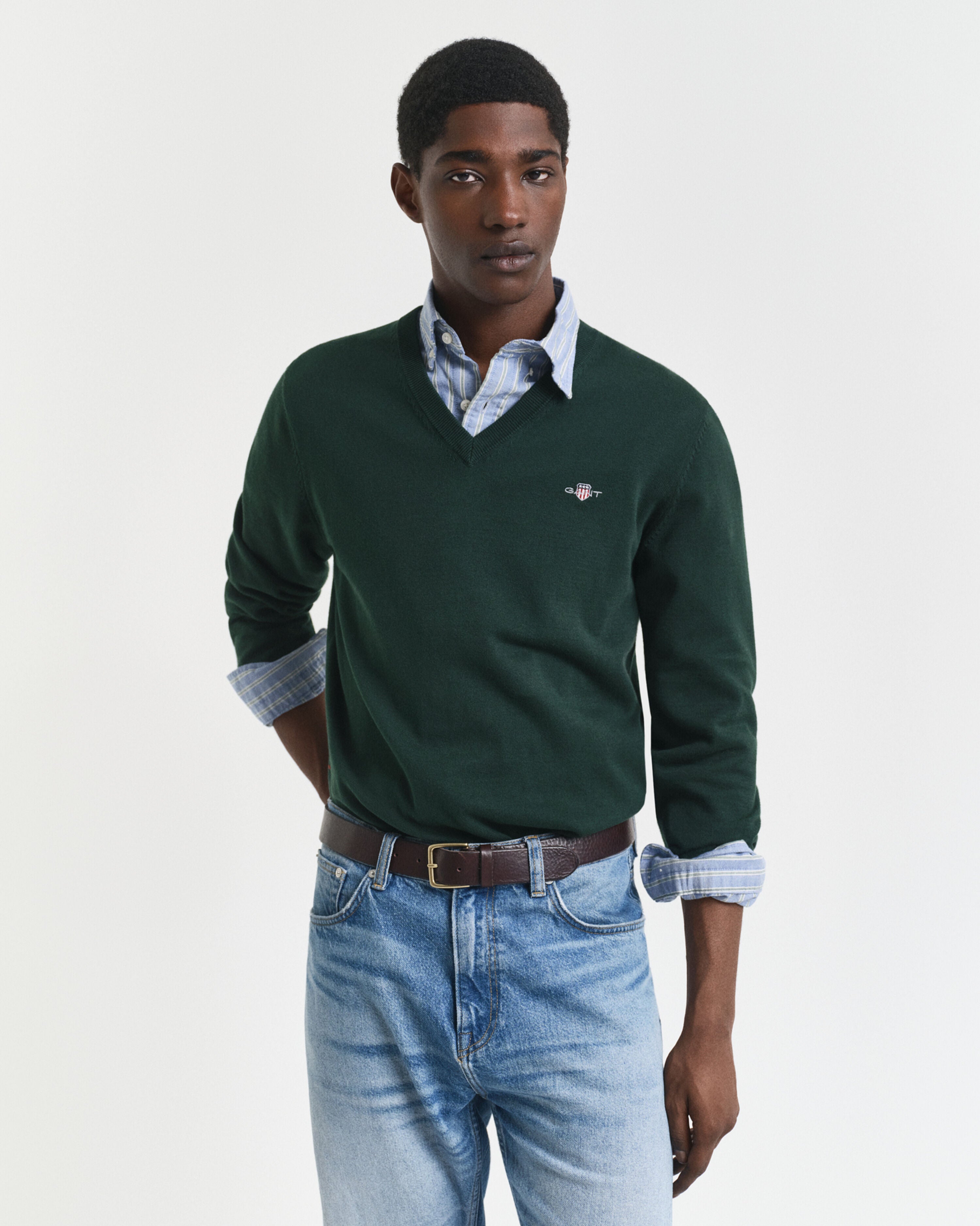 Gant Mens Classic Cotton V-Neck In Green