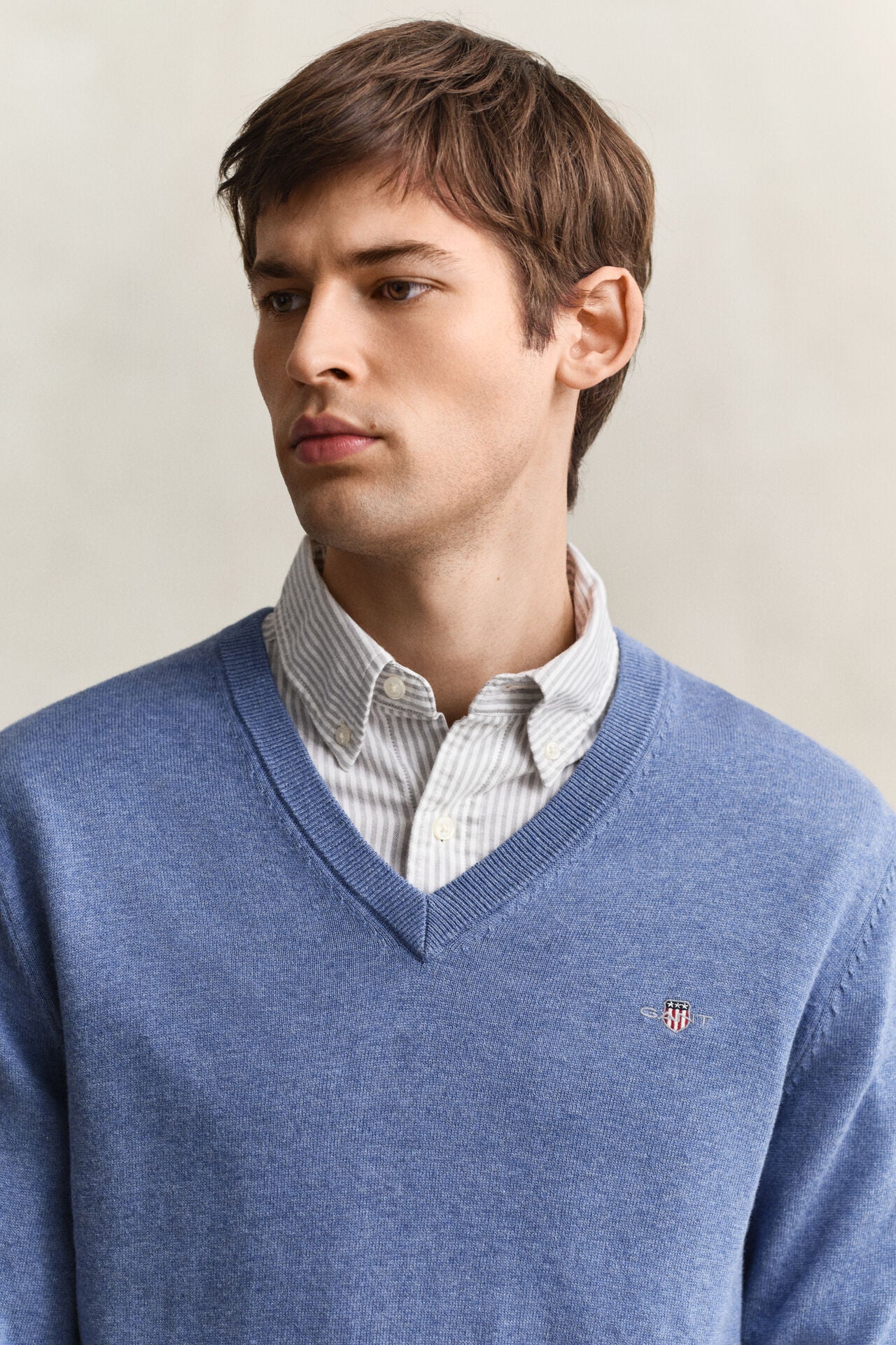 Gant Classic Cotton V-Neck Sweater In Denim