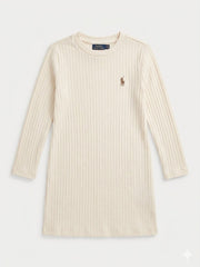 Polo Girls Casey Rib Long Sleeved Dress In Marsh Mallow