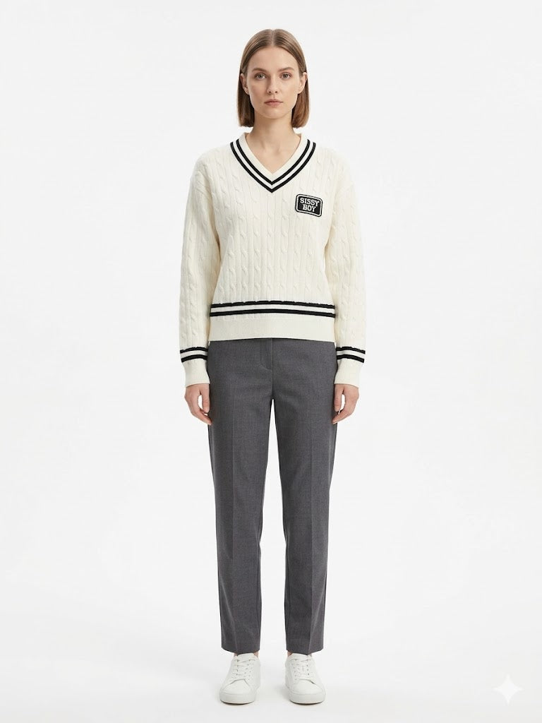 Sissy boy Womens V-Neck Cable Knit Jersey In White