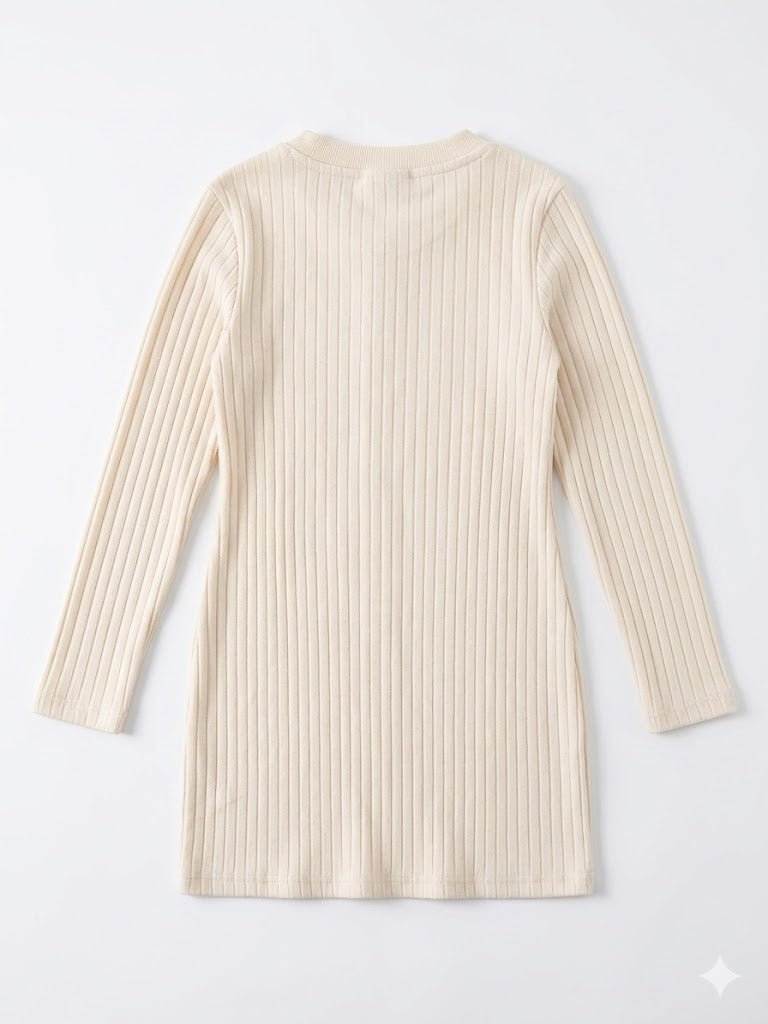 Polo Girls Casey Rib Long Sleeved Dress In Marsh Mallow