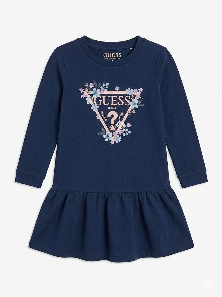 Guess Girls Long Sleeve Interlock Dress In Navy