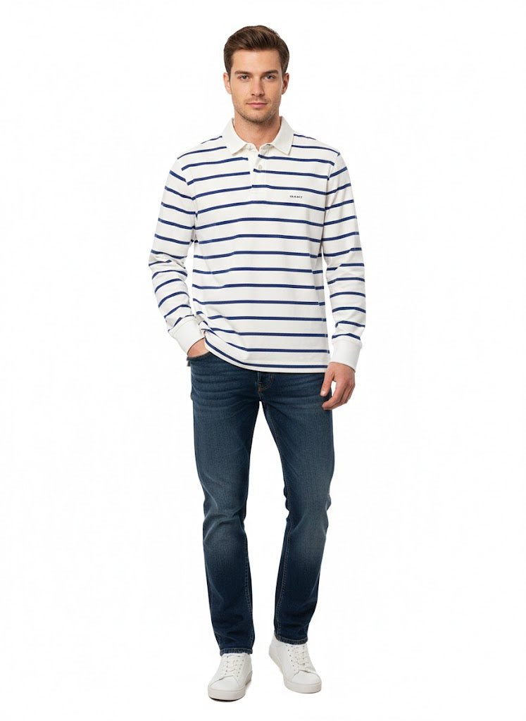 Gant Mens Striped Long Sleeve Golfer In Cream