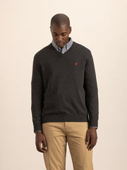 Polo Mens Ls Cotton V Neck Knitwear Charcoal