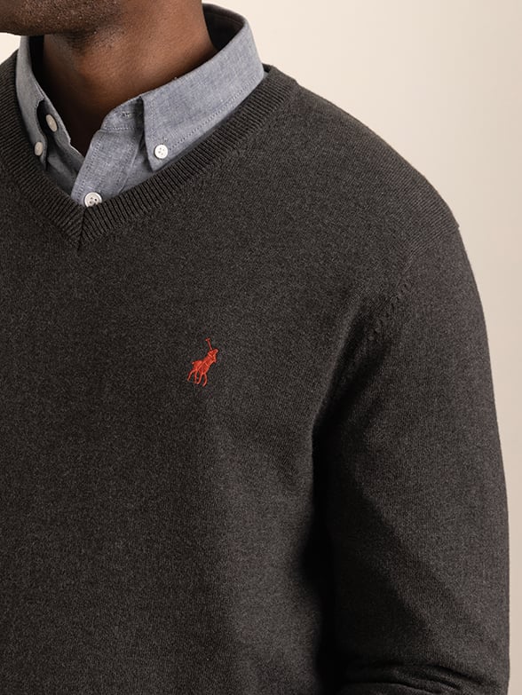 Polo Mens Ls Cotton V Neck Knitwear Charcoal