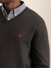 Polo Mens Ls Cotton V Neck Knitwear Charcoal