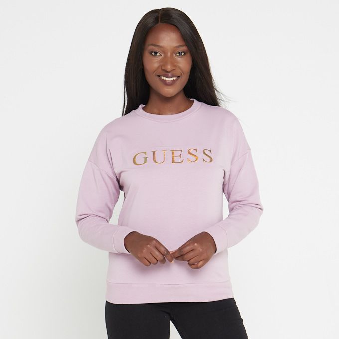 Guess Lds Ls Embossed Foil Sweartshirt Pink Sedgars SA