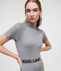 Karl Lagerfeld Lurex Short-Sleeved Karl Logo Knit Dress In Silver