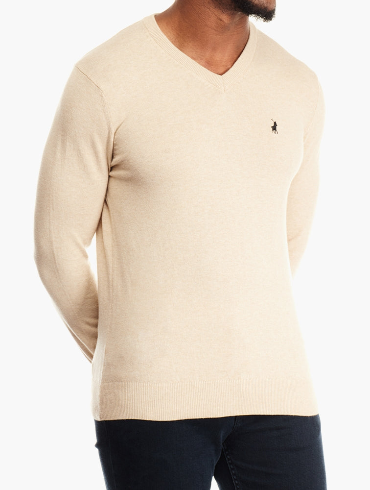 Polo Mens Ls Cotton V Neck Knitwear Stone