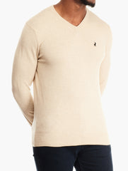 Polo Mens Ls Cotton V Neck Knitwear Stone