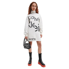Calvin Klein  J219991 Disrupted Logo Roll Neck Dress  Off White